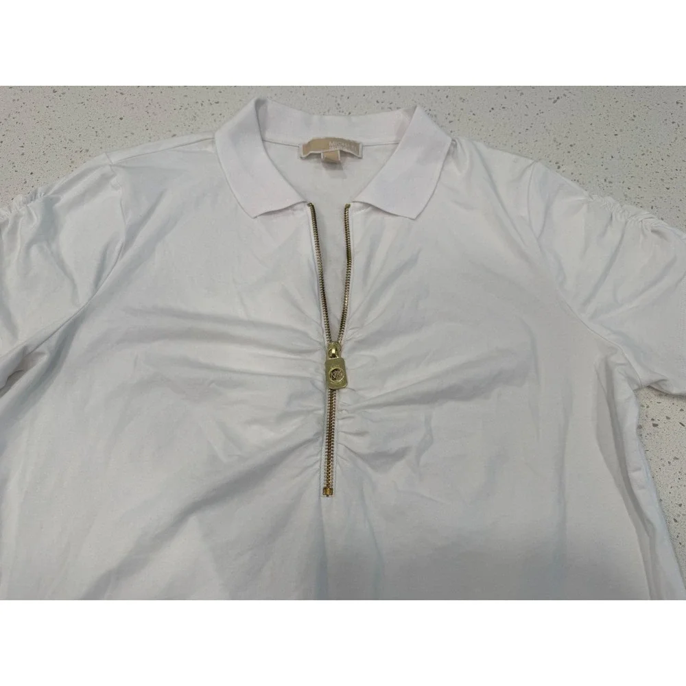 Michael Kors Polo Top Womens XL White Excellent Half Zip Ruched Chic Office